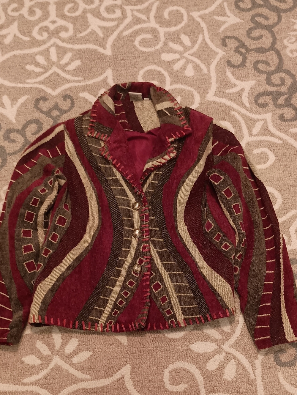 Parsley & Sage Burgundy, Olive & Cream Patterned Jacket